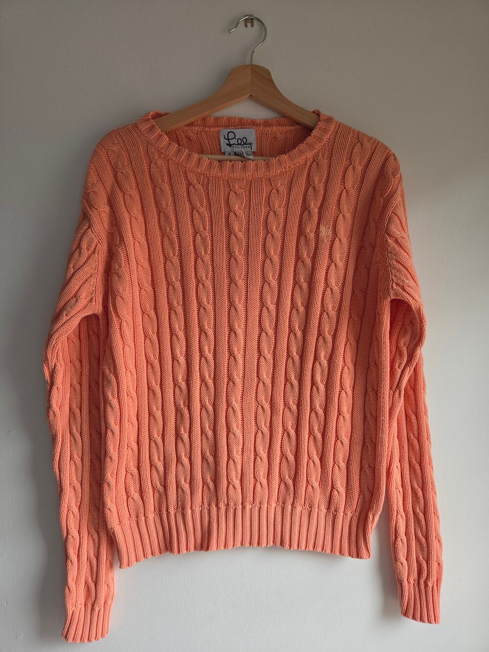 Lilly Pulitzer Coral Cable Knit Cotton Sweater Small Palm Logo Preppy
